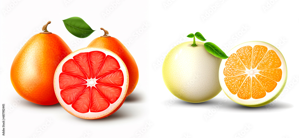 fresh pomelo fruit painting healthy food concept Arrange a beautiful top view with space on a white background.