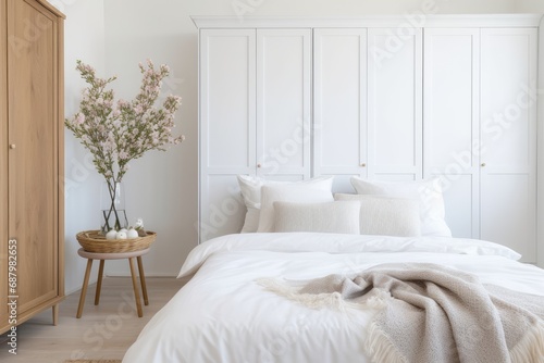 A bedroom with a white bed and white linens. Scandinavian home interior design of modern living home.