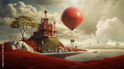 a red house with a balloon flying over it