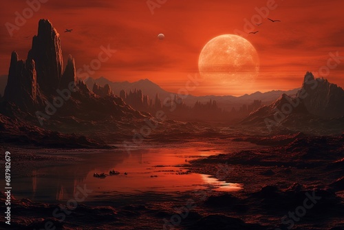 a red sunset over a rocky landscape