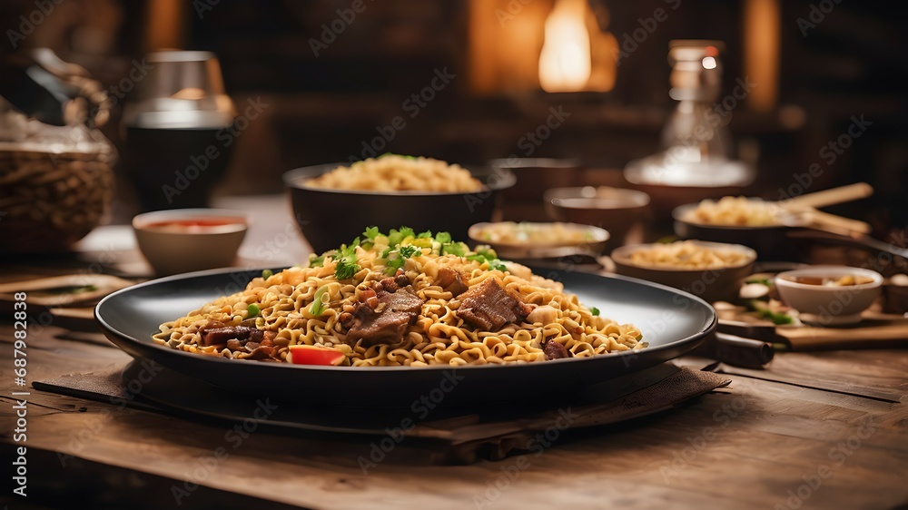 A Plate Of Hot Fried Noodles Full Of Fried Meat A Plate Of Hot Fried Noodles Full Of Fried Meat