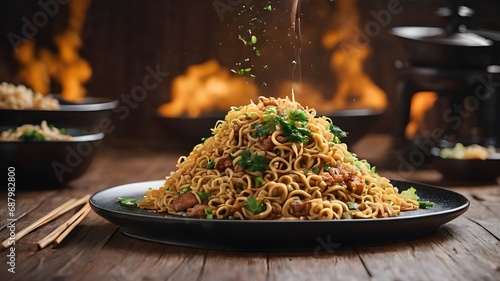 A Plate Of Hot Fried Noodles Full Of Fried Meat photo