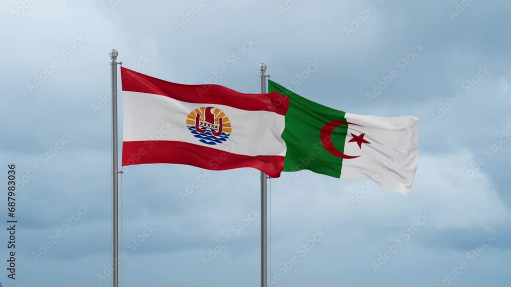 French Polynesia flag and Algeria flag waving together on cloudy sky, endless seamless loop French Polynesia flag and Algeria flag waving together on cloudy sky, endless seamless loop