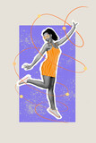 Vertical collage illustration creative funky pretty young lady jump dance nightclub lifestyle orange dress party sketch purple background