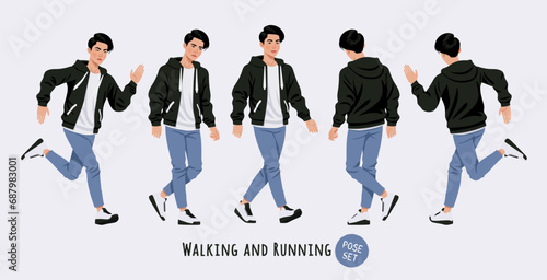 Asian guy, korean narrow eye slim man running, walking pose set. Wearing cute hoodie, jeans casual outfit. Fashion beauty industry male idol, good-looking K-pop boy. Cartoon character illustration