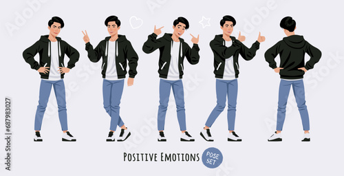 Asian guy, korean narrow eye slim man positive emotions pose set. Wearing cute hoodie, jeans casual outfit. Fashion beauty industry male idol, good-looking K-pop boy. Cartoon character illustration
