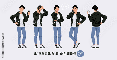 Asian guy, korean narrow eye man smartphone social interaction pose set. Cute hoodie, jeans casual outfit. Fashion beauty industry male idol, good-looking K-pop boy. Cartoon character illustration