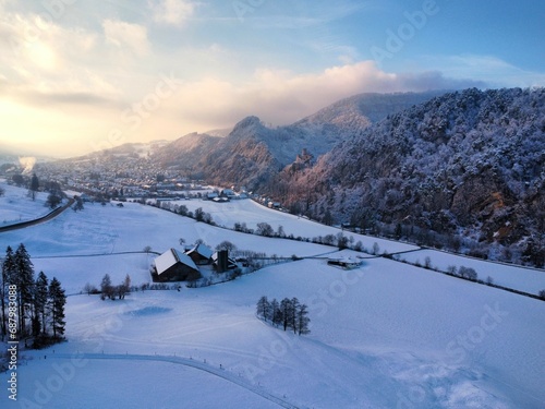 View of the Naturpark Thal in winter, Balstahl, Switzerland