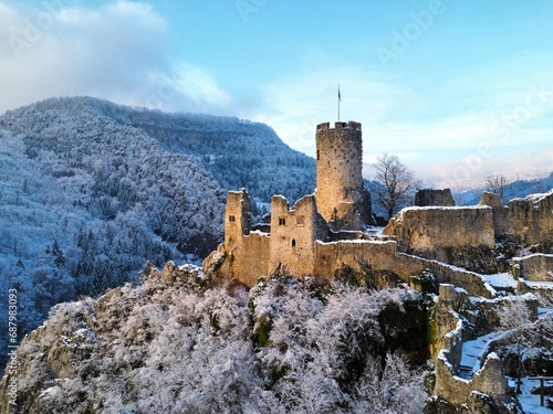 Ruins of the medieval castle Neu-Falkenstein in wintertime, canton of Solothurn, Switzerland, aerial view