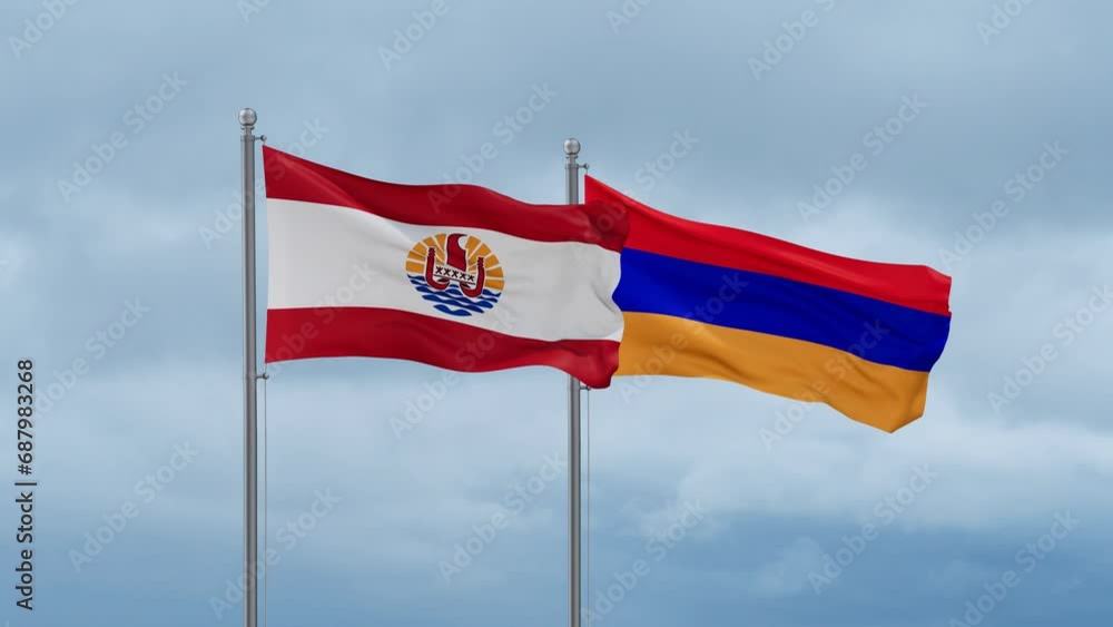 Armenia and French Polynesia flag waving together on cloudy sky, endless seamless loop, two country cooperation concept Armenia and French Polynesia flag waving together on cloudy sky, endless seamless loop, two country cooperation concept