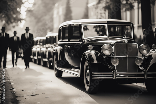 a funeral procession with a hearse rides down the street photo