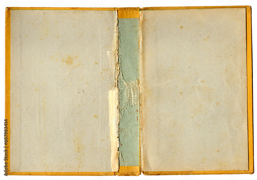 Alter gelber Buchdenkel - aufgeklappt - Buchblock herausgerissen - obrazy, fototapety, plakaty 