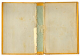 Alter gelber Buchdenkel - aufgeklappt - Buchblock herausgerissen