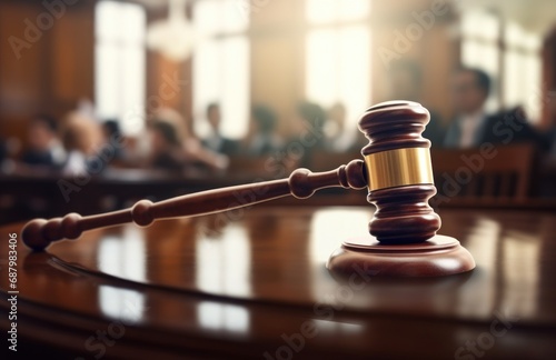 Judge gavel on top of a table in courtroom. Court of Justice and law trial, courtroom attastor talking to magistrate, supreme Federal Court Judge Starts Civil Case Hearing. 