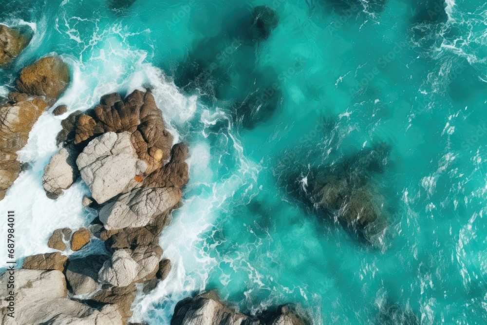 Bird's eye view of the ocean with rocks