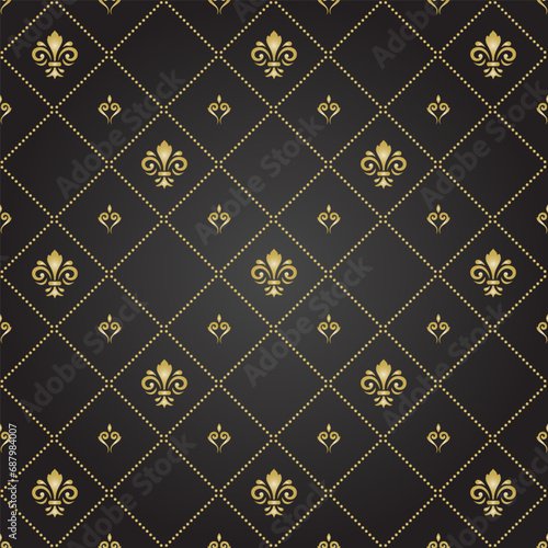 Seamless vector pattern. Modern geometric ornament with royal lilies. Classic black golden background