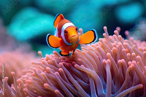 Exotic marine clown fish on a coral background ,
