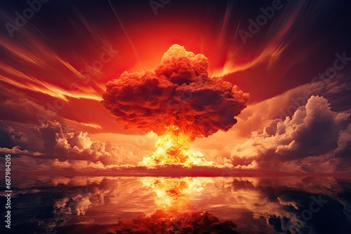 Nuclear explosion with a big cloud explosion in the sky . apocalypse