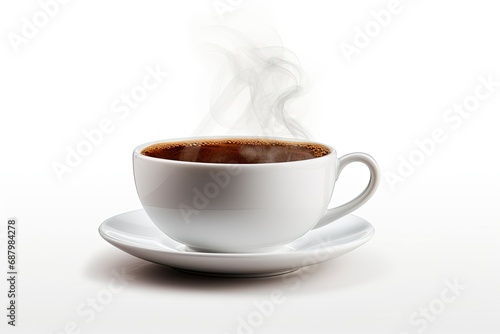Coffee in coffee cup with steam over cup on white background