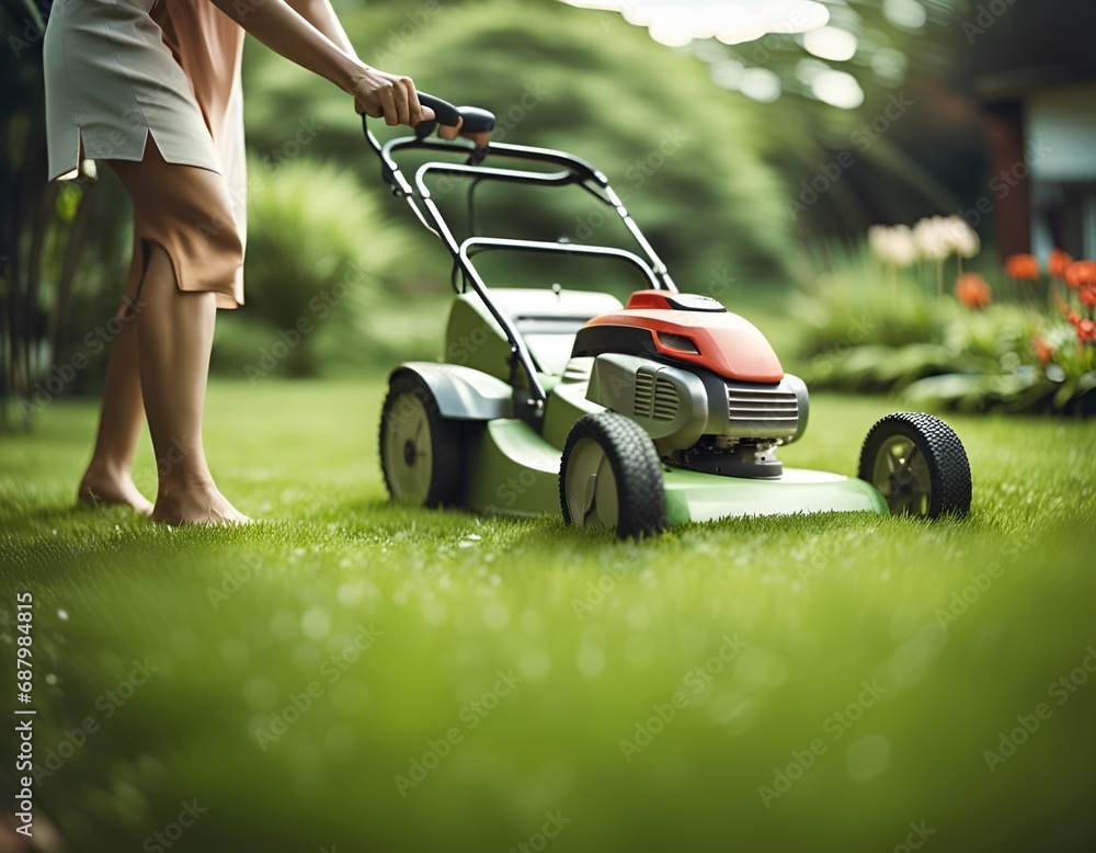 a female gardener is cutting grass with a lawn mower. a female gardener is cutting grass with a lawn mower.