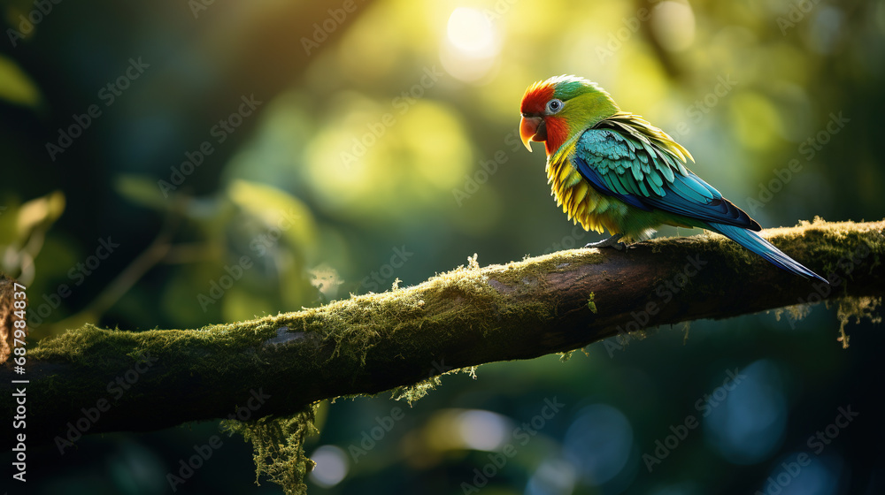 Obraz premium a bird with colorful beak sitting in dark green forest in blurred background, cinematic, with empty copy space