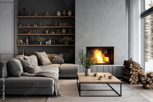 A living room filled with furniture and a fire place. Scandinavian home interior design of modern living home. © pham