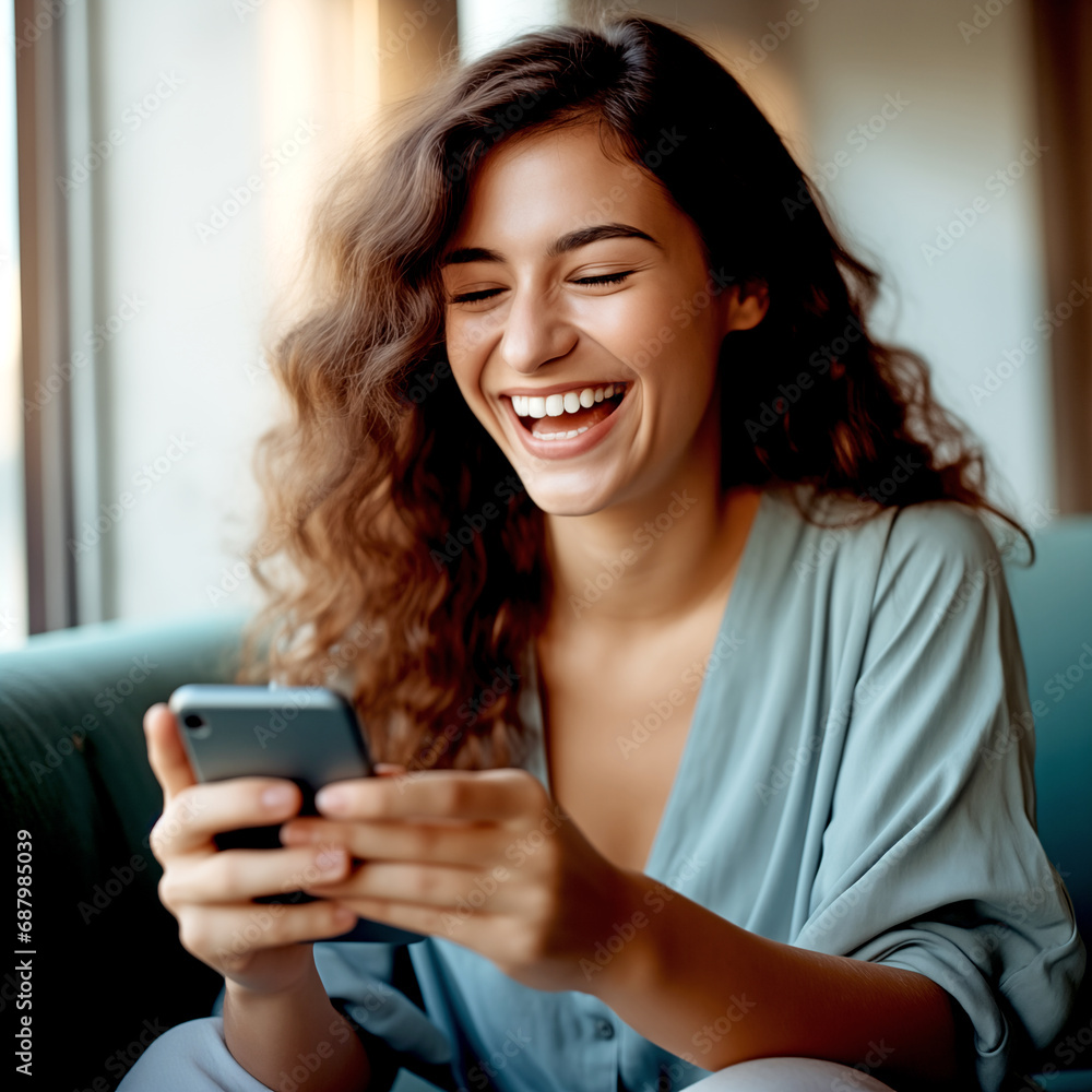 Laughing Girl Enjoying Online Video Call In Virtual Chat With Friends On Social Networks - legal AI Laughing Girl Enjoying Online Video Call In Virtual Chat With Friends On Social Networks - legal AI