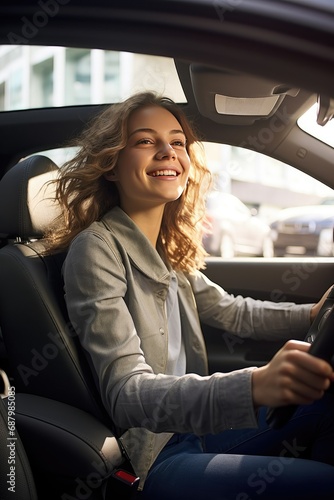 A smiling, sweet, modern girl is driving a car. Close-up. Portrait.