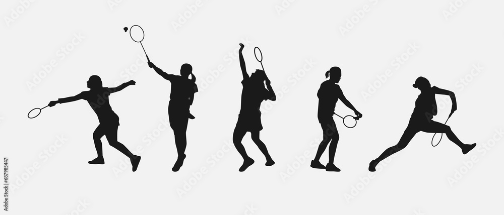 set of silhouettes of female athletes or badminton players. isolated on white background. graphic vector illustration.