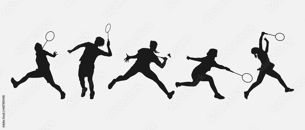 set of silhouettes of female athletes or badminton players. isolated on white background. graphic vector illustration.