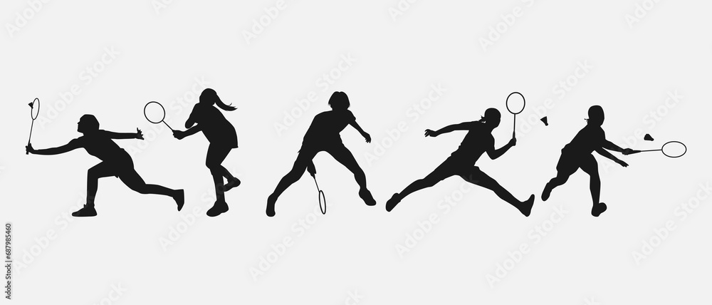 set of silhouettes of female athletes or badminton players. isolated on white background. graphic vector illustration. set of silhouettes of female athletes or badminton players. isolated on white background. graphic vector illustration.