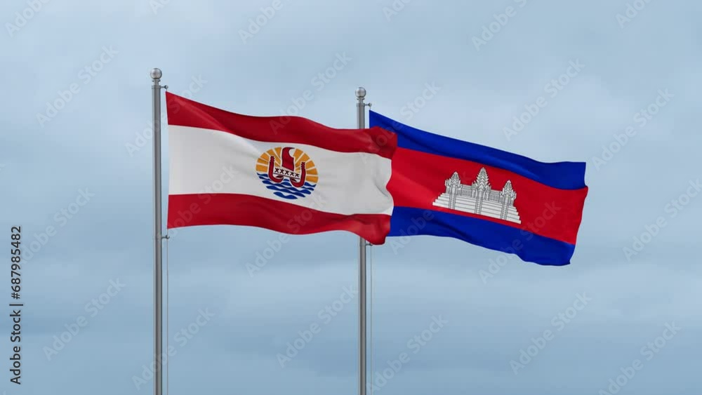 Cambodia flag and French Polynesia flag waving together on cloudy sky, endless seamless loop, two country relations concept Cambodia flag and French Polynesia flag waving together on cloudy sky, endless seamless loop, two country relations concept