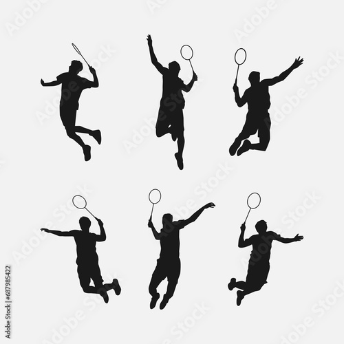 set of silhouettes of athletes or male badminton players doing jumping smash. isolated on white background. graphic vector illustration.