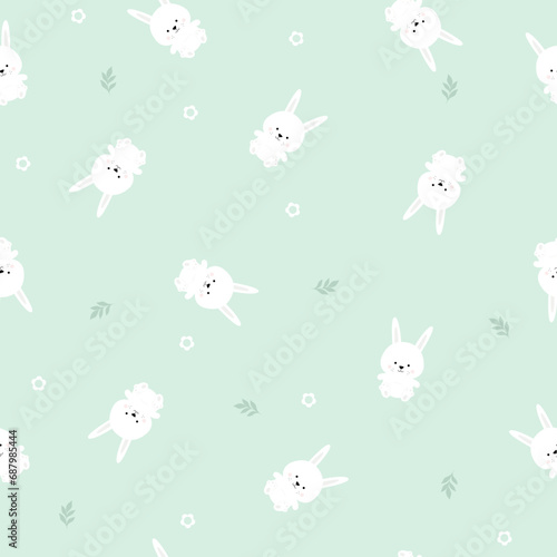 Seamless pattern with rabbit  daisy flower and leaf  on pastel background vector illustration.