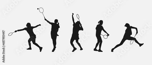 set of silhouettes of female athletes or badminton players. isolated on white background. graphic vector illustration.