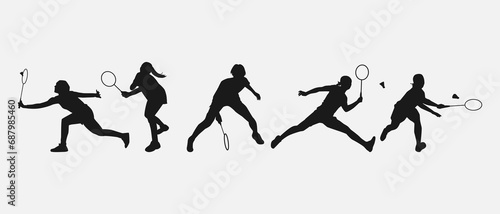 set of silhouettes of female athletes or badminton players. isolated on white background. graphic vector illustration.