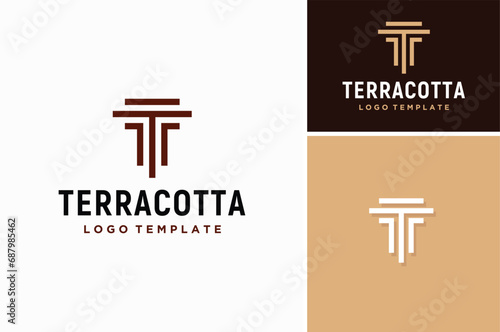 Initial Letter T Terracotta with Greek Roman Column Pillar for Building Construction Architecture Logo Design