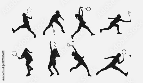set of silhouettes of female athletes or badminton players. isolated on white background. graphic vector illustration. photo