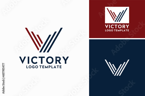 Blue Red Ribbon Stripes Letter V Victory with National USA America Flag Colors logo design
