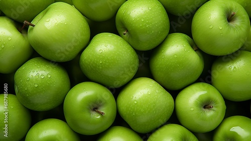 Showcase a close-up of a bunch of crisp, green apples, their glossy skin reflecting the world around them.