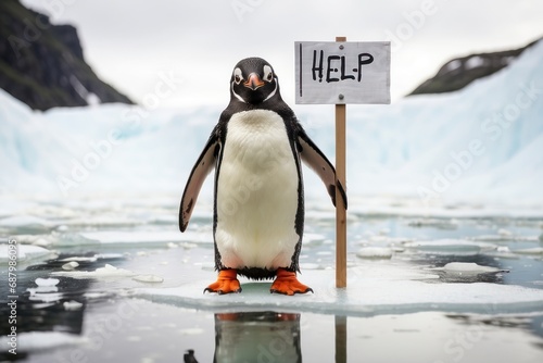 A penguin standing on a block of ice holding a sign that says HELP.