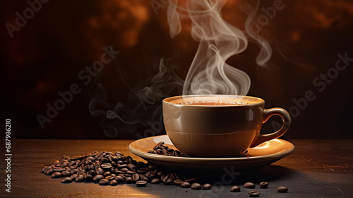 Steaming Coffee Cup on Wooden Table with Warm Backlight