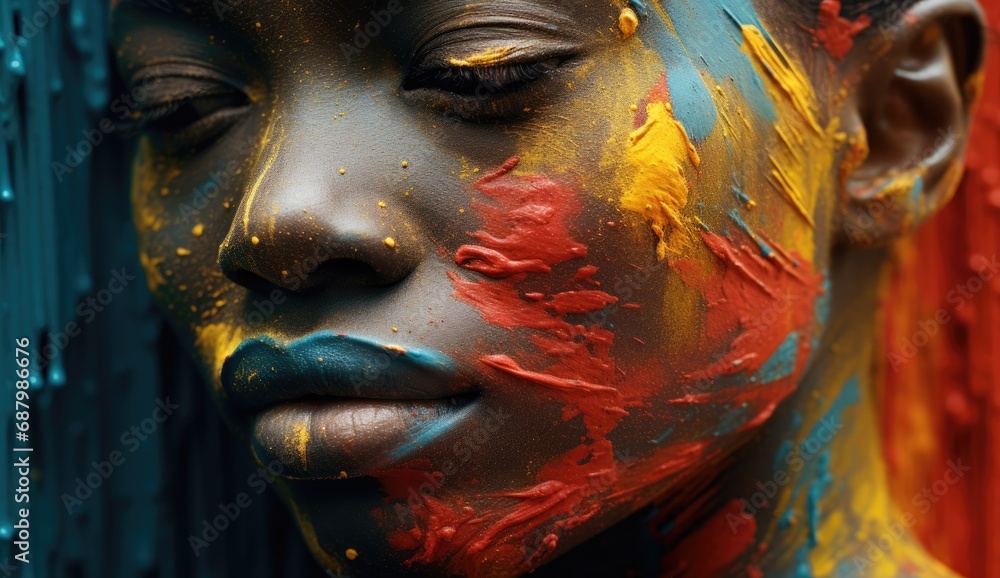 Female model with colorful paint on her face.