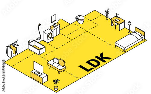 引越しの間取り(2LDK)イメージ、シンプルな線画のアイソメトリックイラスト