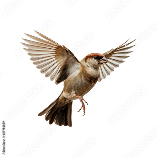 Sparrow bird in flight isolated on white transparent background