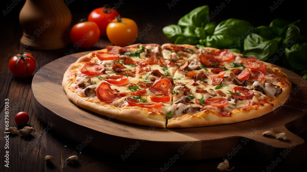 Italian Supreme Pizza with Variety of Toppings on Wooden Board..