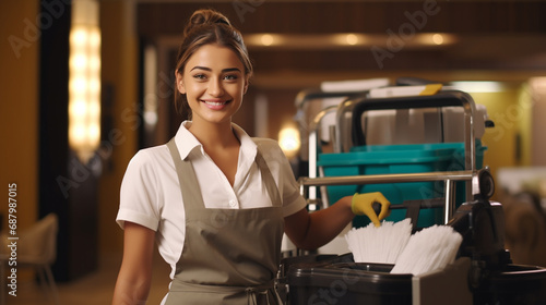 Beautiful hotel maid People who are diligent and patient, standing with a bright smile on a happy working day. Along with his professional cleaning equipment truck.
