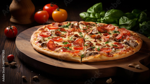 Italian Supreme Pizza with Variety of Toppings on Wooden Board..