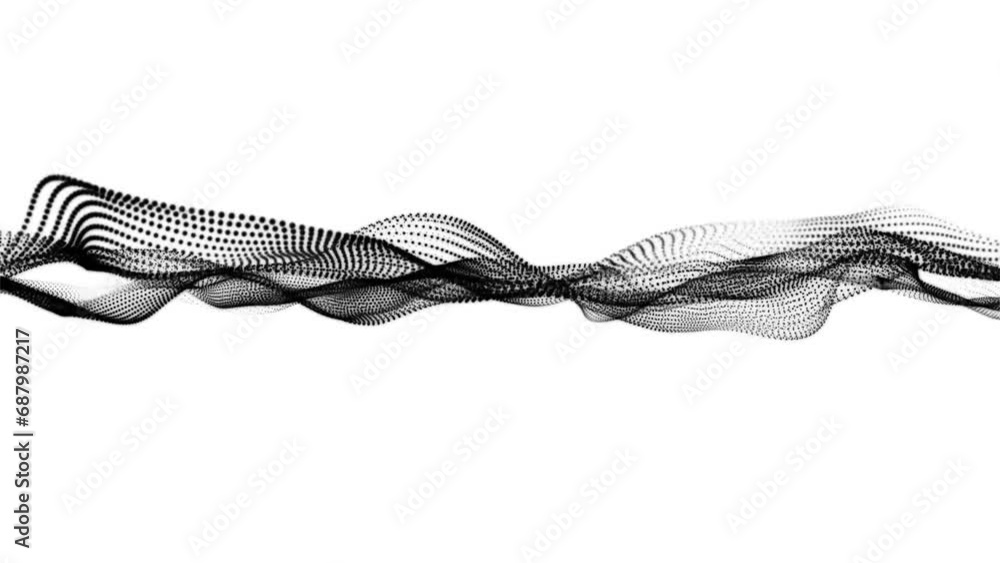 Flowing black dots wave on a white background. Abstract digital particle and dot wave light abstract background, animation cyber, or technology background. 3D abstract animation