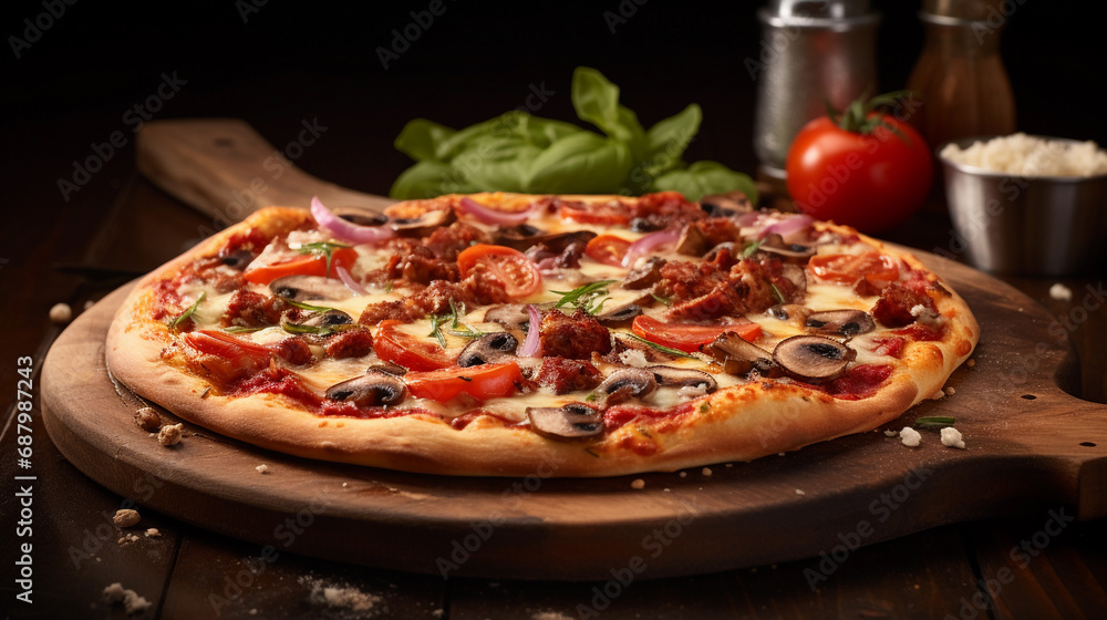 Italian Supreme Pizza with Variety of Toppings on Wooden Board..